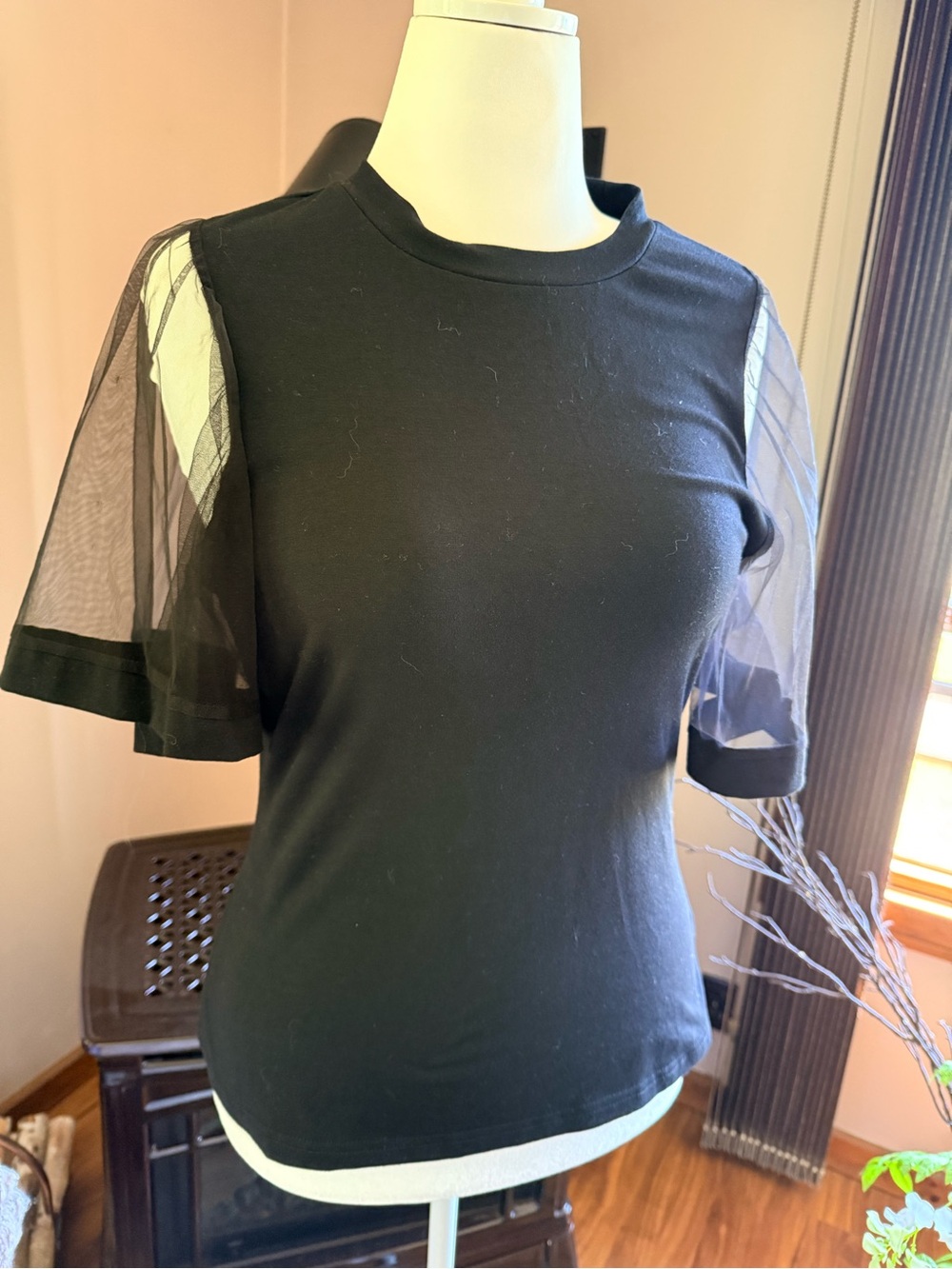 SHEIN Black Short Sleeve Top with Sheer Mesh Sleeves